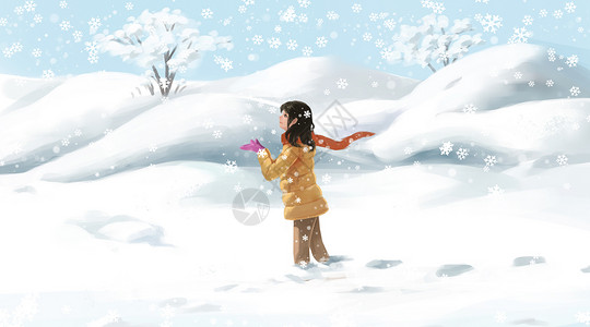 雪中漫步少女雪地的少女插画