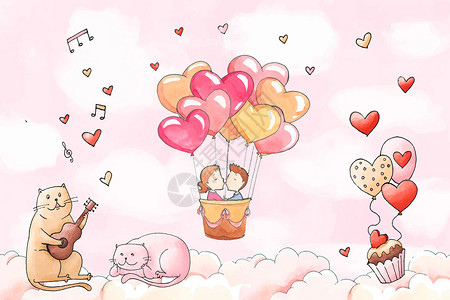 爱心热气球情人节插画