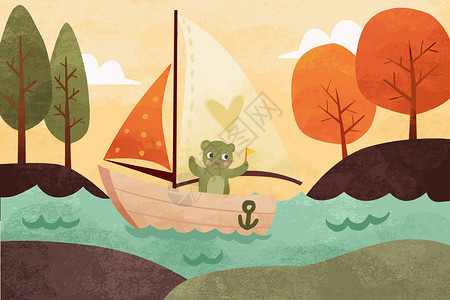 小帆船旅途风景插画