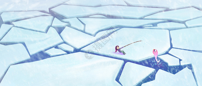小女孩钓鱼冰面钓鱼插画