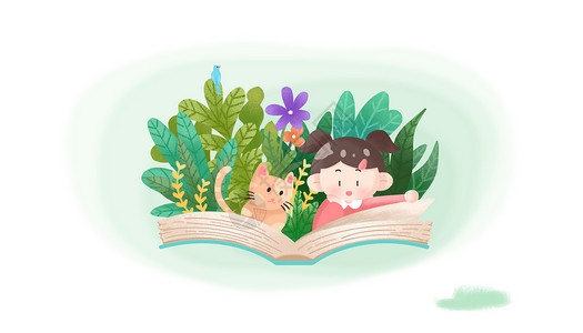 女孩和小鹿看书的女孩插画