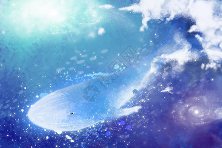 深海气泡星空中的鲸鱼插画