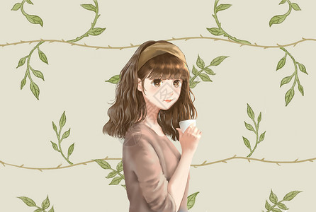 黑一元素材少女与植物插画