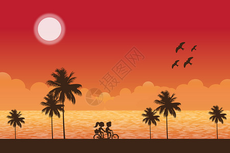 热带海景情侣单车风景插画