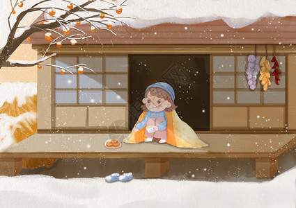 看雪景的女孩看雪的小女孩插画