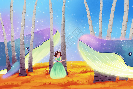 童话公主鲸鱼插画背景图片