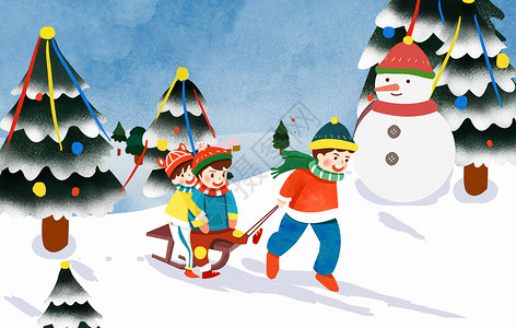 雪人在滑雪在森林里面滑雪橇插画