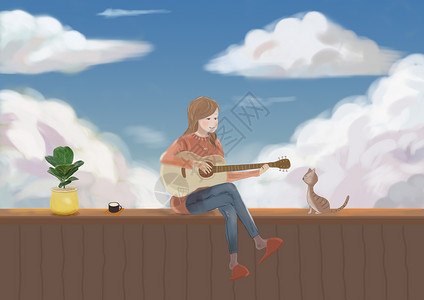 弹吉他猫弹吉他的女孩插画