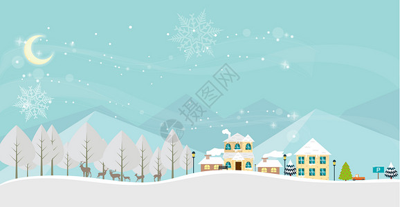 冬季雪景建筑卡通城市雪景插画