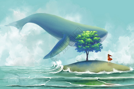 碧海蓝天滑板云端的鲸鱼插画