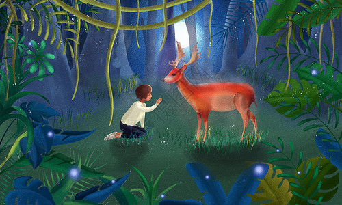 女孩和麋鹿森林里的故事插画