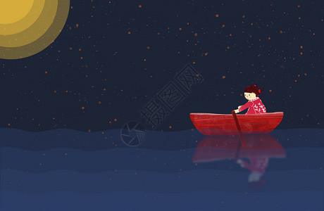 月光下划船的女孩图片