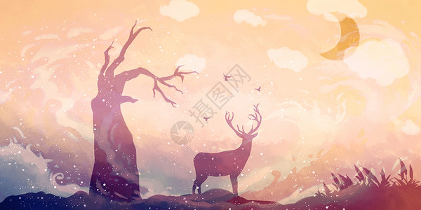 梦幻冬季背景墙枯树与鹿插画