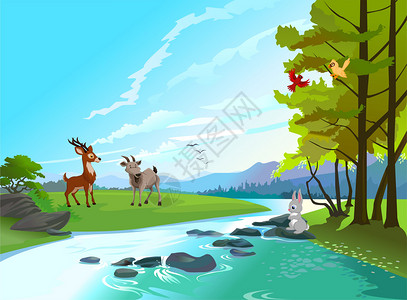 矢量动物设计春天的小河边插画
