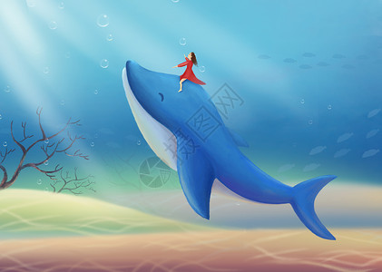 梦幻海底的海豚和女孩背景图片