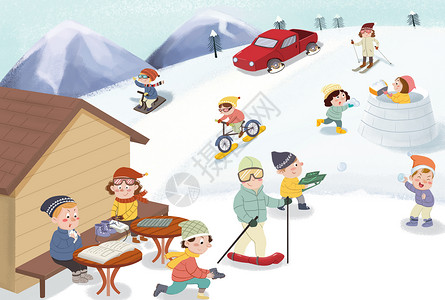 儿童游乐室滑雪插画