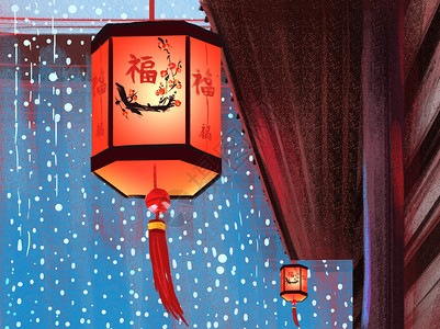 腊月习俗海报设计大红灯笼高高挂插画
