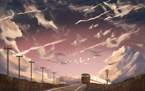 云朵下的火车背景图片
