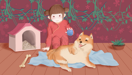 少女与柴犬背景图片