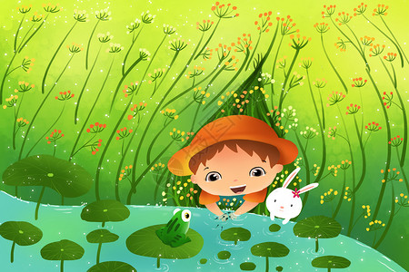 小男孩和兔子春游探险插画