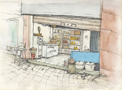 山塘老街手绘街道小店插画