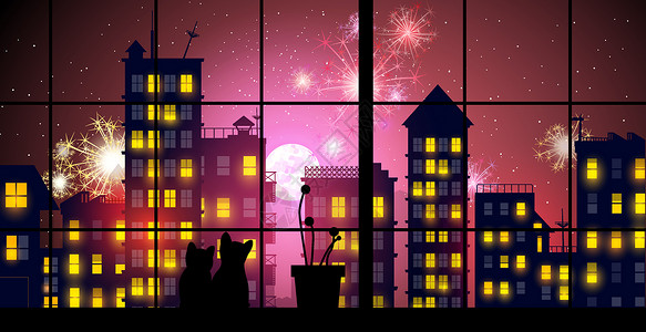 猫窗户城中新年插画