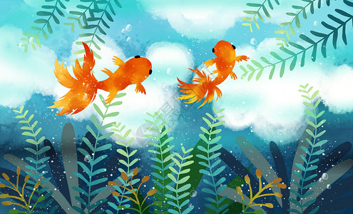 多云橙色天空遨游的金鱼插画