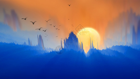 天空中飞鸟海创意山丘夕阳风景图片设计图片