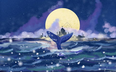 梦幻海之城海面上鲸鱼高清图片