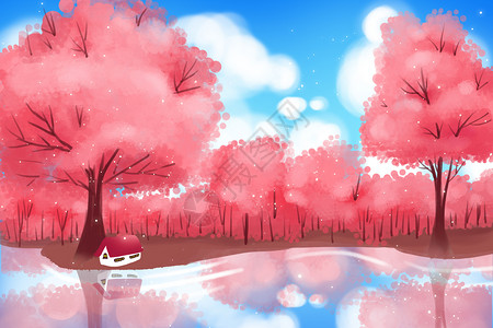 春天里樱花春天红色樱花树林壁纸插画