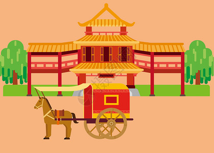 中国传统建筑马车扁平插画图片