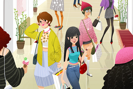 逛街女人三八妇女节购物插画
