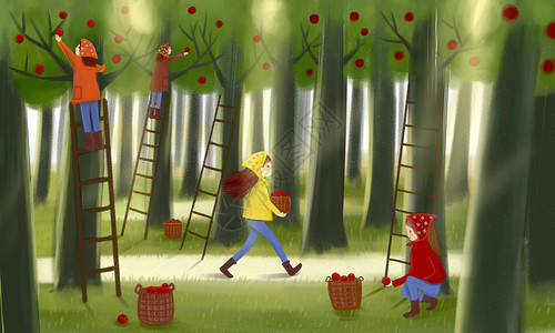 果农展示水果采摘苹果的女孩们插画