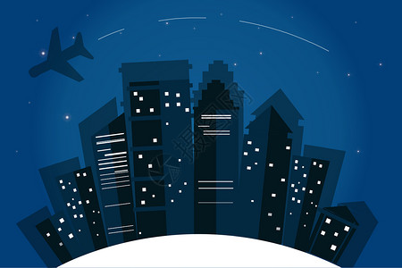 飞机划过建筑上空城市夜景插画