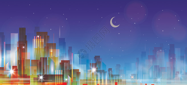 高楼建筑矢量图星空下的城市夜景插画