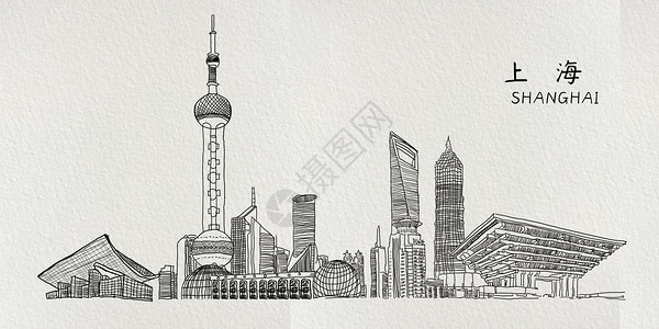 线描矢量手绘上海城市标志性建筑插画