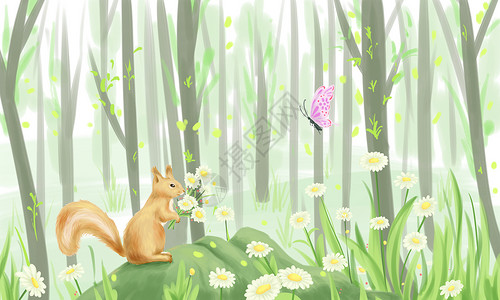 白色树林春天的童话插画