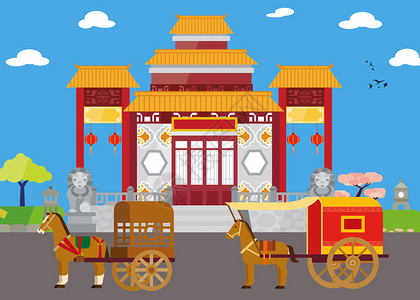 中国红花纹扁平古楼马车风景插画插画