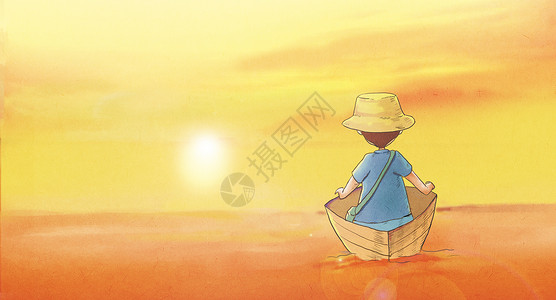 海面夕阳旅行少年插画