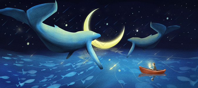男孩月亮船深海与星空插画