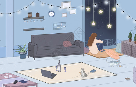 女性沙发女孩与猫插画