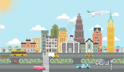 城市建筑飞机城市交通扁平化插画