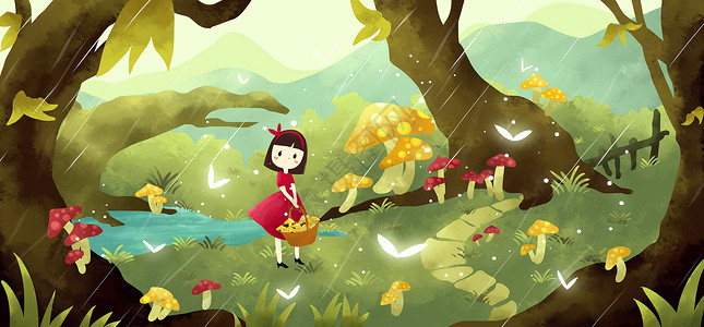 溪水卡通女孩采蘑菇插画