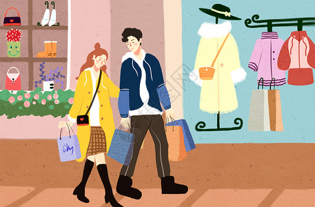 新年衣服逛街购物的情侣插画