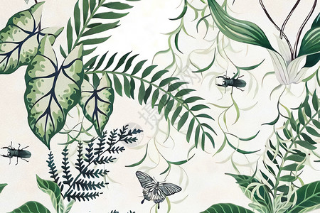 热带甲虫小清新绿色植物插画