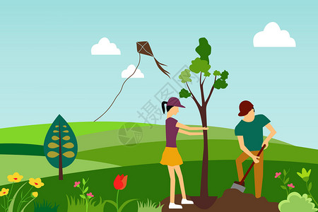 一起种树吧元素绿色卡通植树节宣传海报插画
