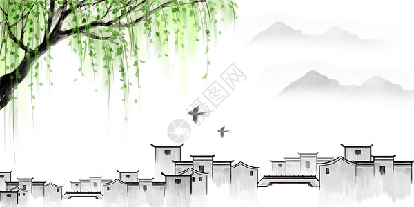 中国风墨色远山春天的景色设计图片