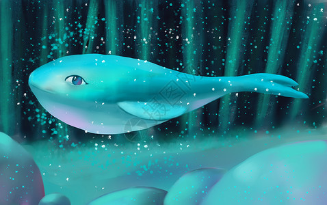 蓝色海豚大鱼丛林中的鲸鱼插画