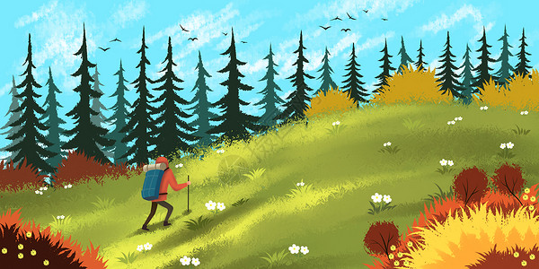 一片树林春日的徒步旅行插画