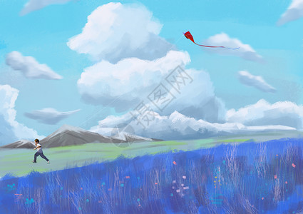 放风筝的小男孩阳春三月高清图片素材